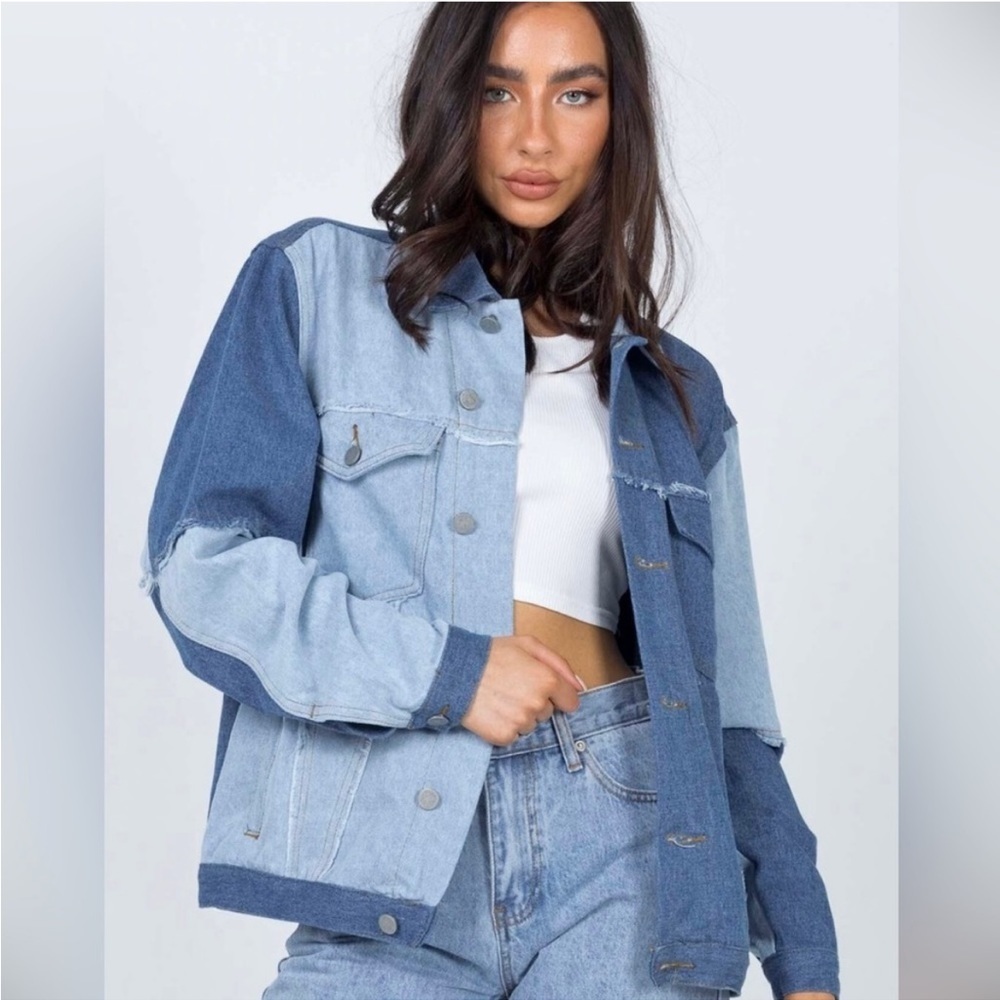 Princess Polly Rylee Denim Jean Jacket Oversized‎ Patchwork Shacket Blue 8